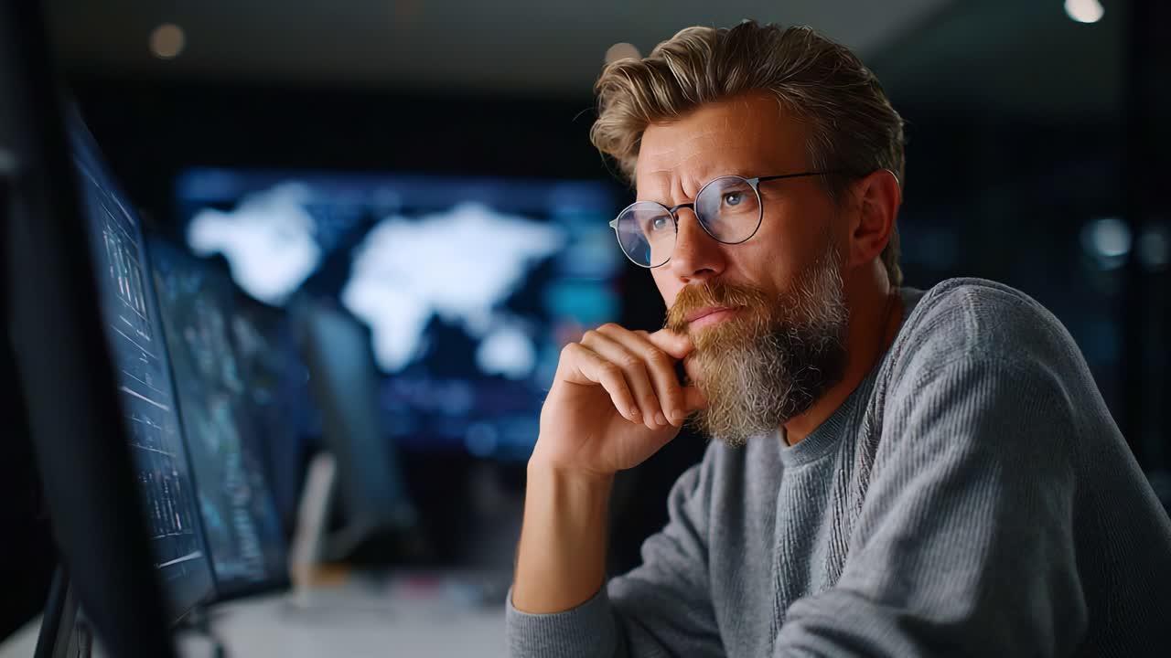 Focused Individual Analyzing Data on Multiple Monitors in a Modern Office Environment, Displaying Critical Thinking and Engagement with Technology