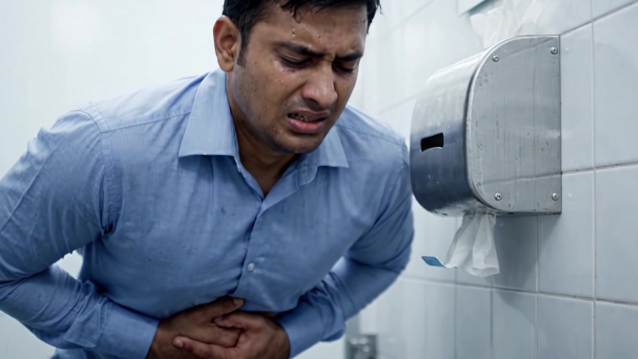 A Man in Discomfort: Experiencing Abdominal Pain in a Restroom, Highlighting the Challenges of Sudden Digestive Issues and the Need for Quick Relief