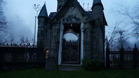 a spooky gothic castle with a large iron gate in the front.