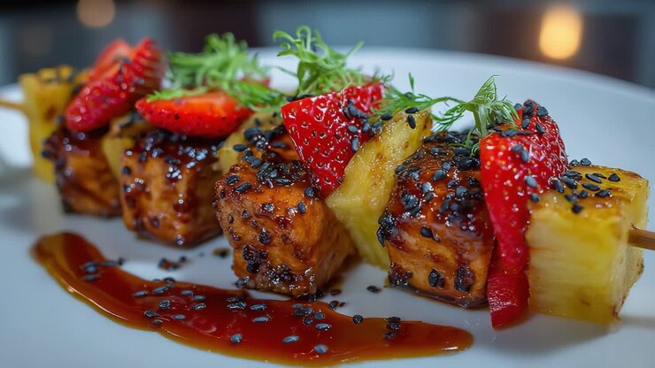 Délicieuses brochettes gourmandes avec des fraises juteuses et de l'ananas, arrosées d'une sauce riche, parfaitement grillées pour une expérience savoureuse.
