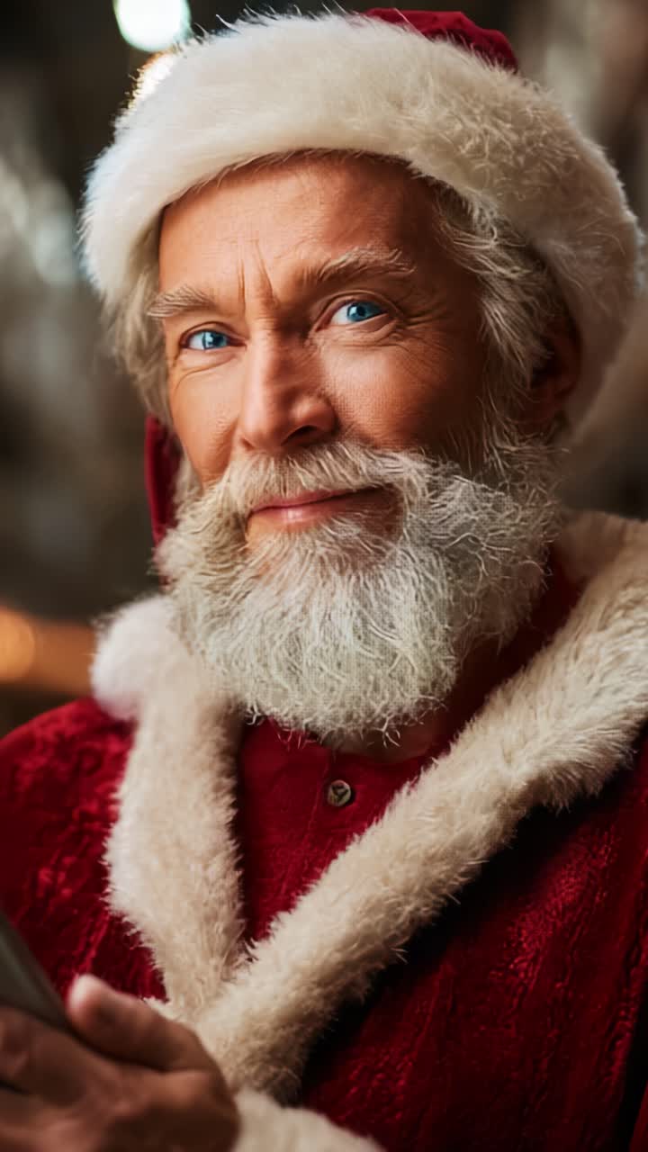Un ritratto festoso di Babbo Natale: cattura la magia delle feste con un sorriso caloroso e un abbigliamento festivo, portando gioia e allegria a chiunque lo circondi