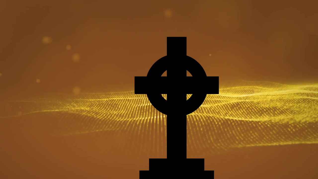 Celtic cross over glowing golden wave pattern with brown background animation