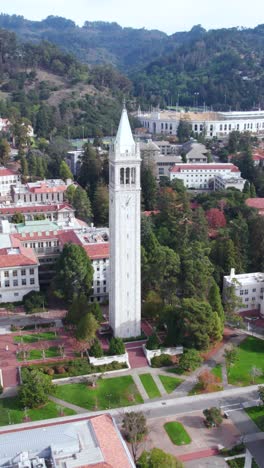 vertical aerial view, the companiel tower in university of california berkeley campus, drone shot