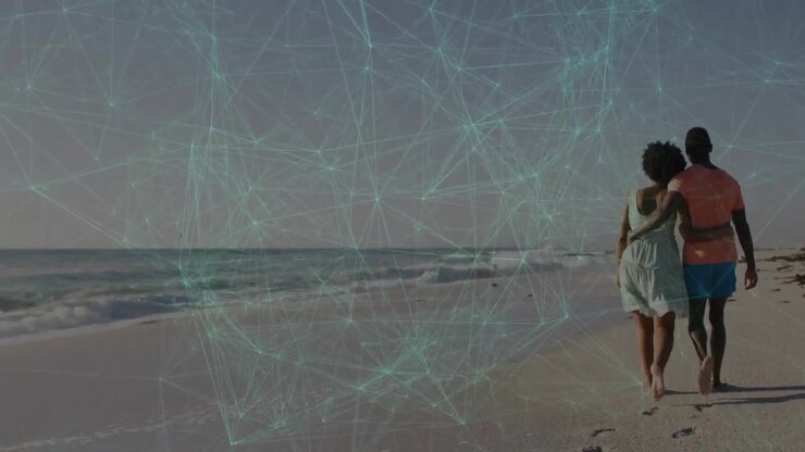 Couple starting right walking arm-in-arm sharing love along beach leaving prints tech mesh shifting