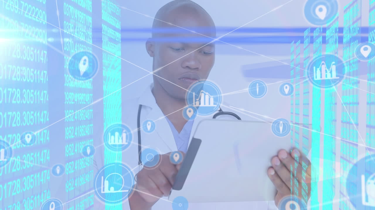gps y iconos de gráficos que se conectan con líneas, binarios y huellas dactilares sobre el médico usando pc digital