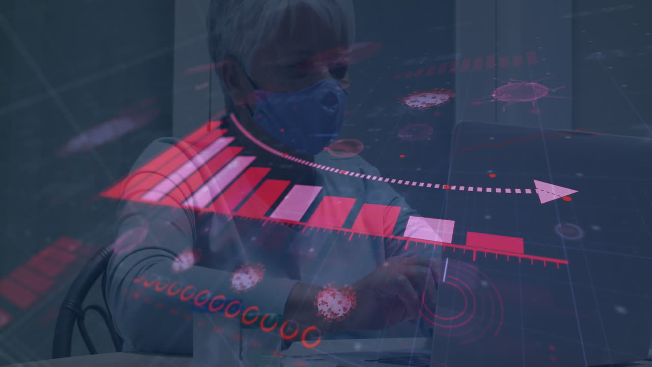 animación de gráfico y células del virus covid 19 sobre mujer con máscara facial usando computadora portátil