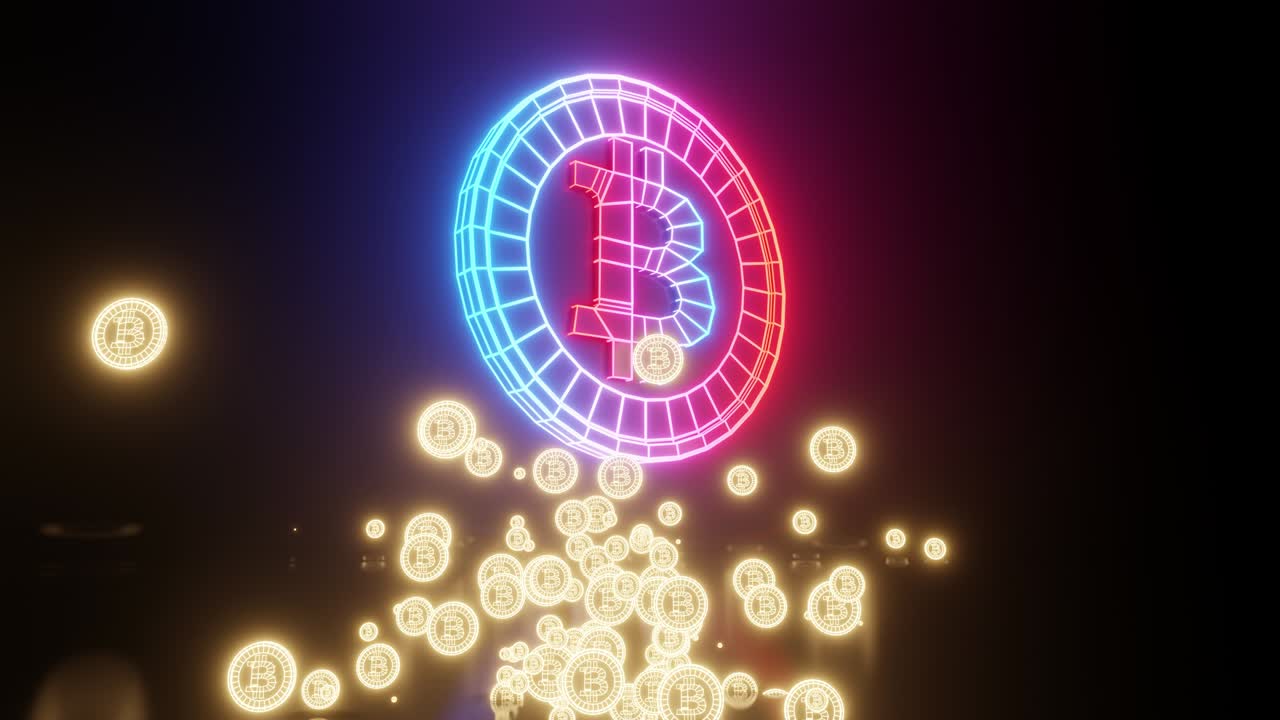 gráfico de movimento sem costura em loop 3d do grande bitcoin girando em fundo preto com relâmpagos e faíscas com partículas.