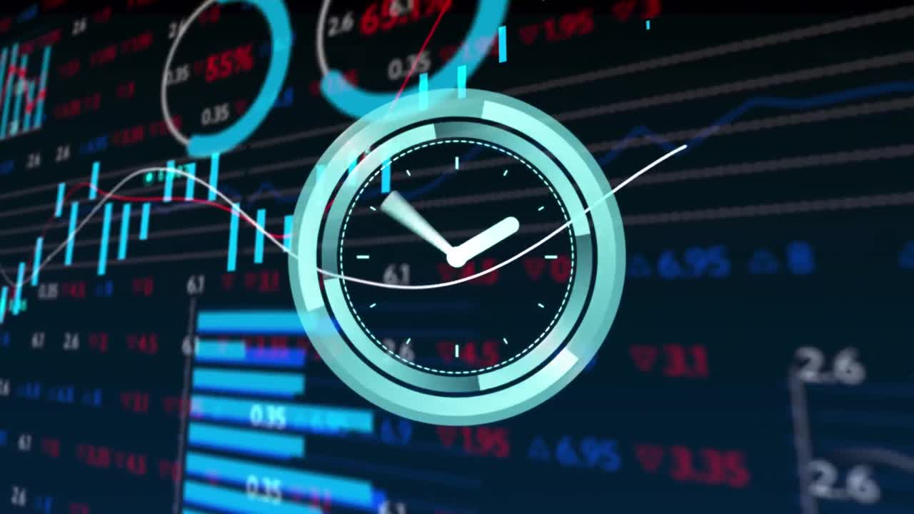 Animazione di un orologio al neon che ticchetta su un'elaborazione dati statistici e di borsa su sfondo blu