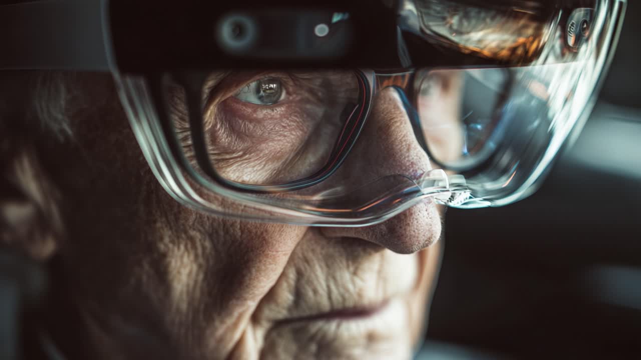 A Close-Up Perspective of an Elderly Person Wearing Smart Glasses, Highlighting the Intricate Details of Their Expression and the Innovative Technology Enhancing Their Vision