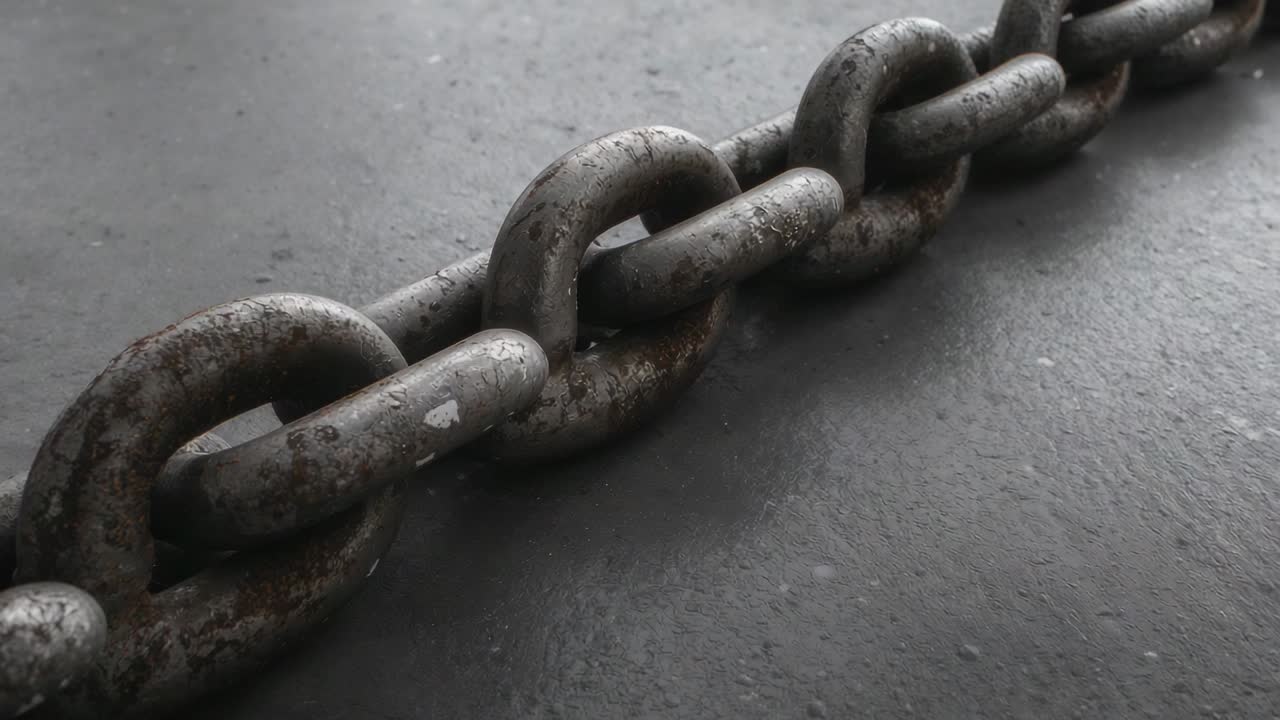 Cámara en movimiento horizontal que revela una cadena de acero en el suelo de un taller, centrándose en los eslabones oxidados y la varilla paralela