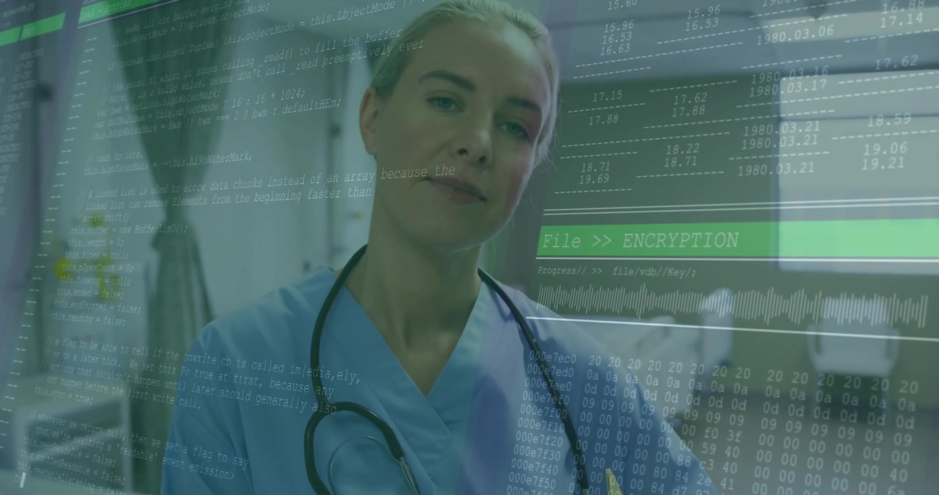Un operatore sanitario che sfoglia una cartella paziente mentre una sovrapposizione di crittografia digitale emerge mettendo in sicurezza i dati