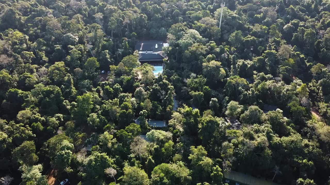 Drone footage reveals a stunning swimming pool and resort buildings nestled amidst a vast and dense jungle canopy. A secluded oasis offering luxury and immersion in nature.