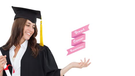 animación de texto de cáncer de mama rosa sobre una estudiante sonriente