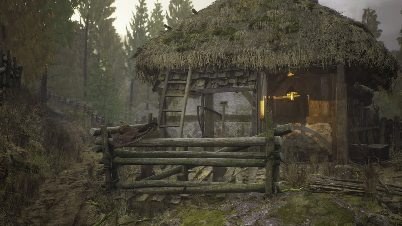 Rustic wooden cabin in a forested area with natural surroundings and soft light