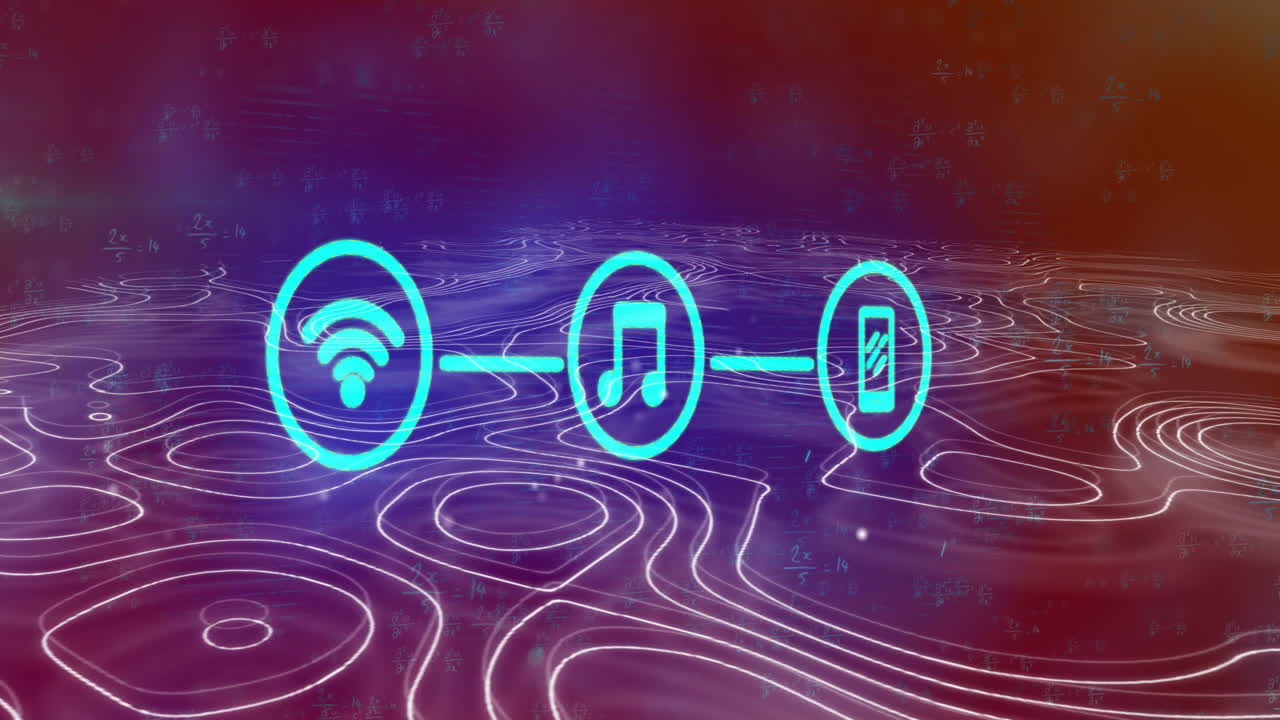 Animation of music note and device icons over digital landscape with glowing lines