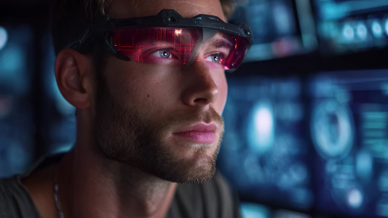 A futuristic scene featuring a man wearing advanced augmented reality goggles, deeply focused as he interacts with an immersive high-tech display filled with bright screens and complex data visualizations, showcasing a modern technological environment
