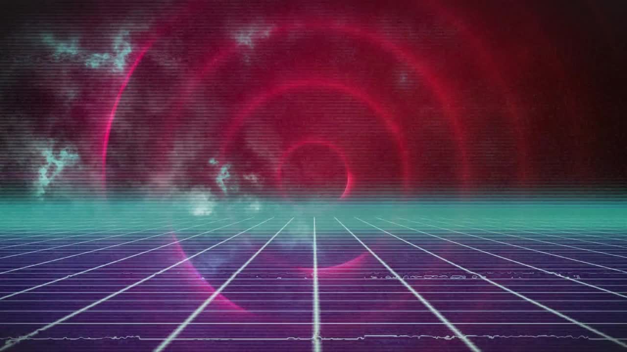 animación de círculos brillantes en fondo rojo y púrpura