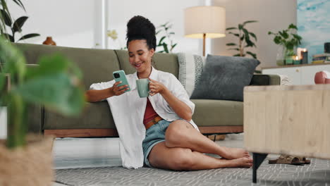 woman relaxing at home with coffee and phone