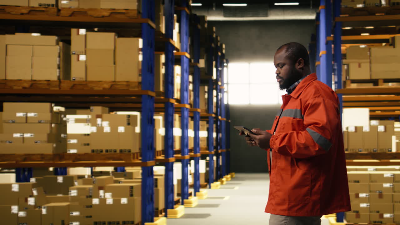 Lavoratore afroamericano che esamina i dati dell'inventario in un polo di distribuzione di magazzino