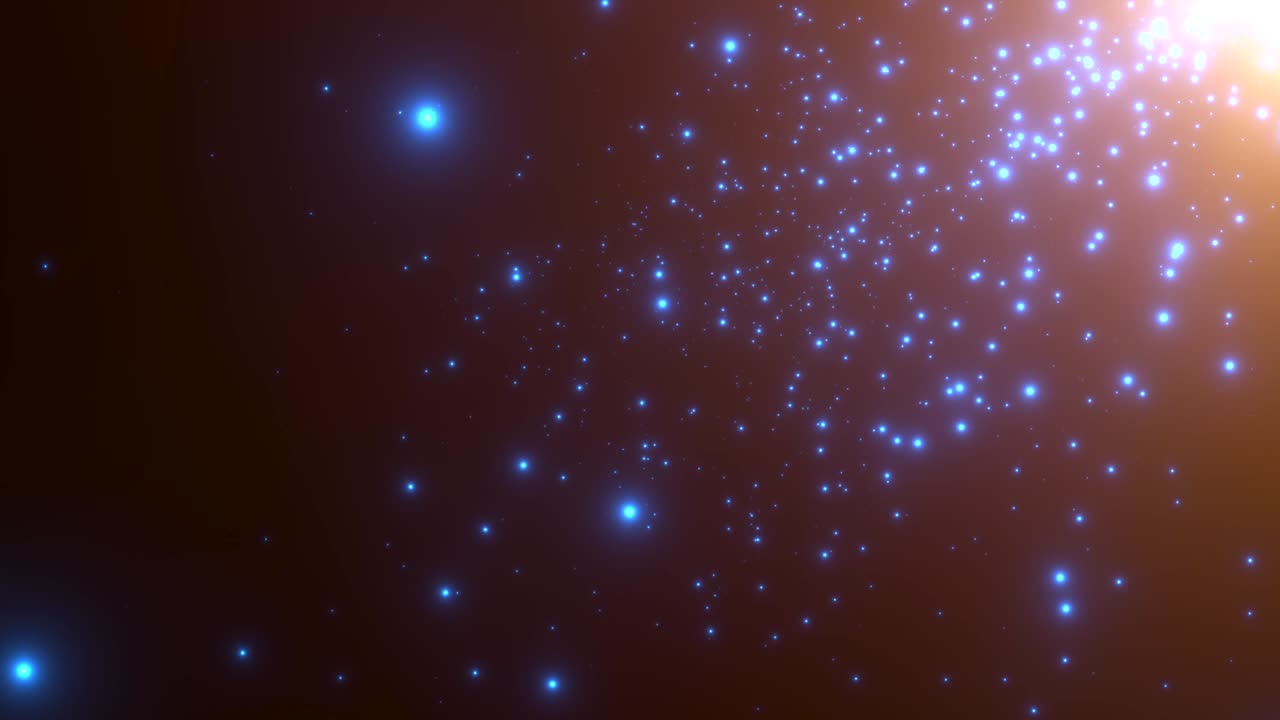 Fly small blue particles and stars on dark background