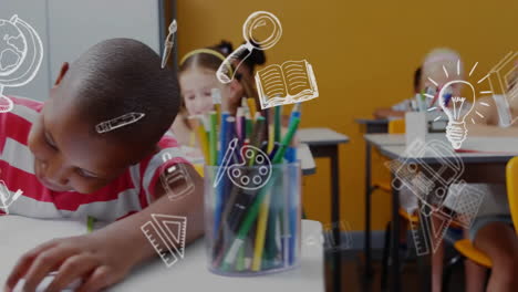 animation of education school icons over diverse school children in classroom