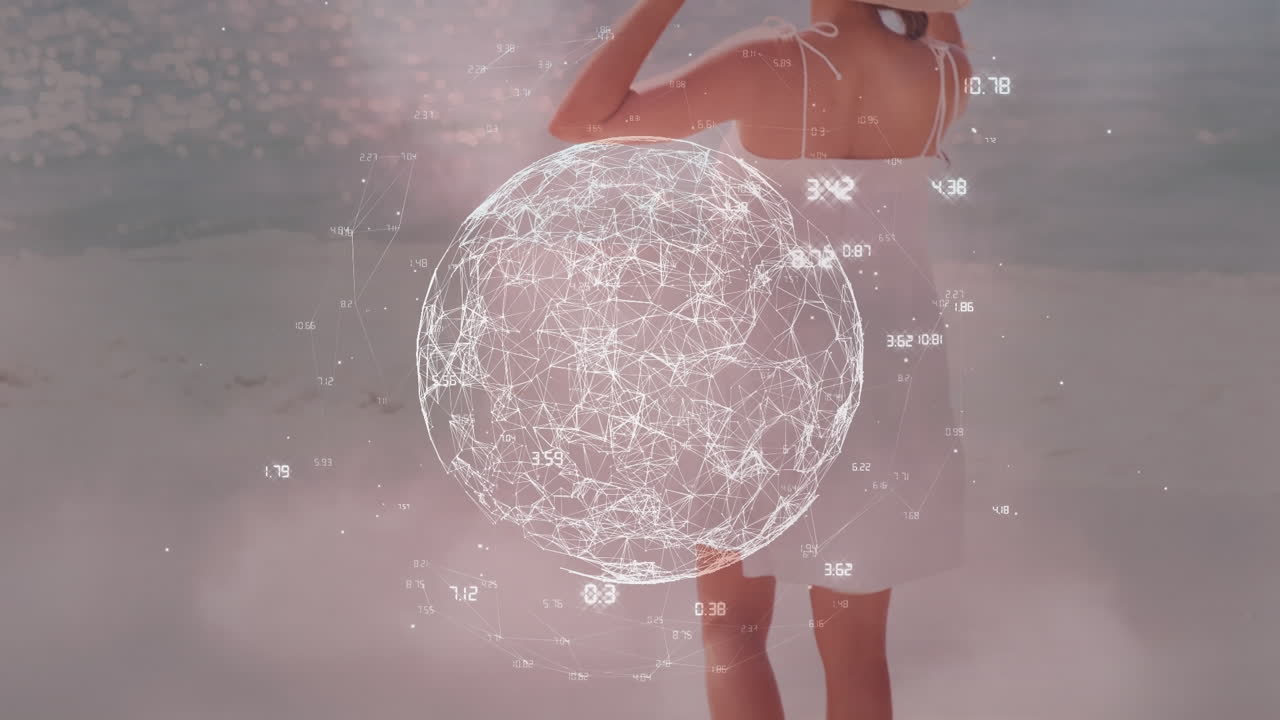 디지털 글로브 와 숫자 의 애니메이션 이 해안 에 서 있는 모자 를 입은 여자 의 뒤쪽 시야 를 회전 시키고 있다