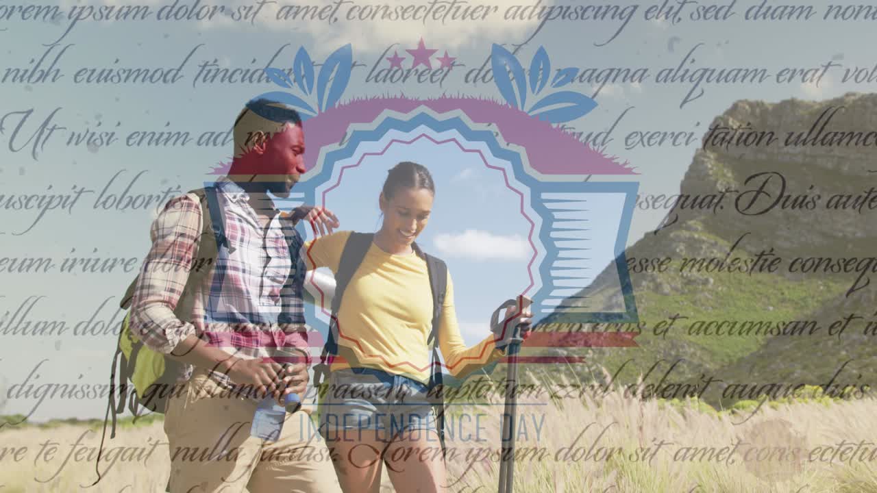 웃는 다양한 커플 하이킹에 대한 독립기념일 텍스트의 애니메이션