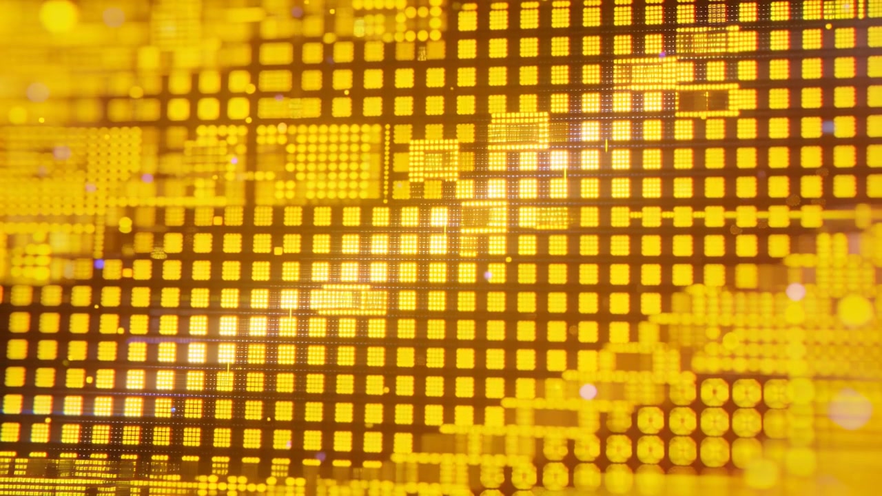 Lighting center starting diagonal band, circuit grid pulsing, shifting in macro view with lit cells