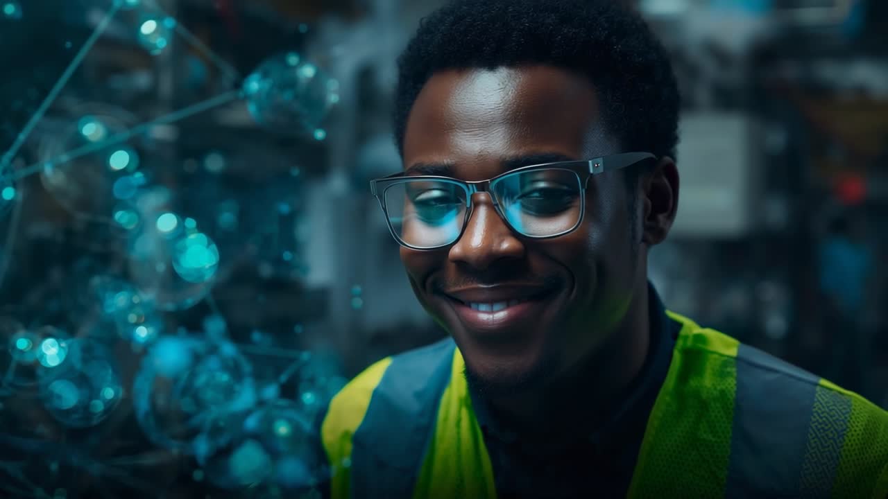 Tecnico che ispeziona nodi illuminati di blu, verifica l'array in laboratorio, con gilet di sicurezza e occhiali