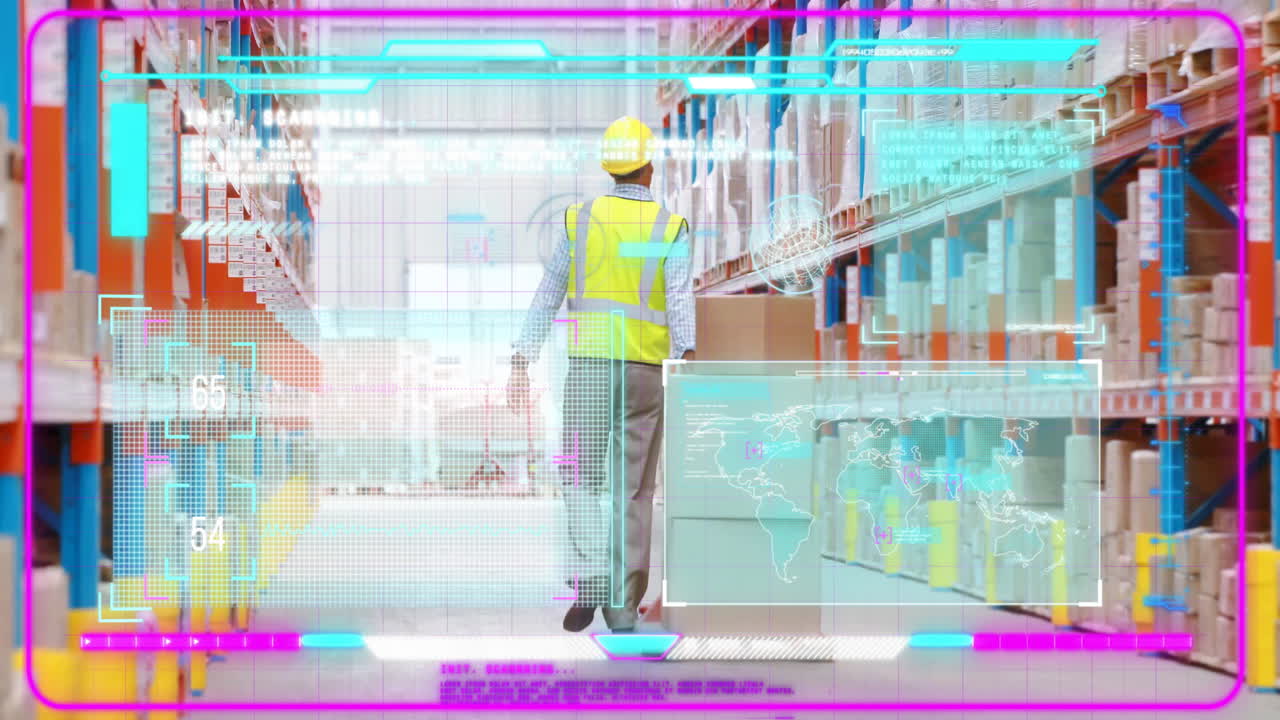 In warehouse, worker in safety gear using animation for logistics operations