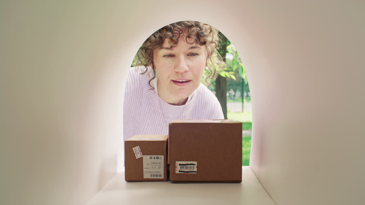 Woman Collecting Cardboard Packages from Outdoor Mailbox