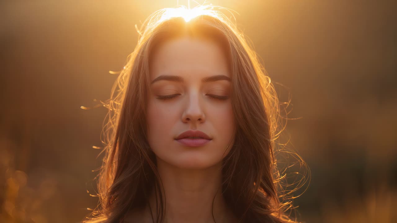 Donna che ammicca e respira mentre il sole basso crea un alone in un prato illuminato dalla golden hour per uno shooting fotografico, erbe