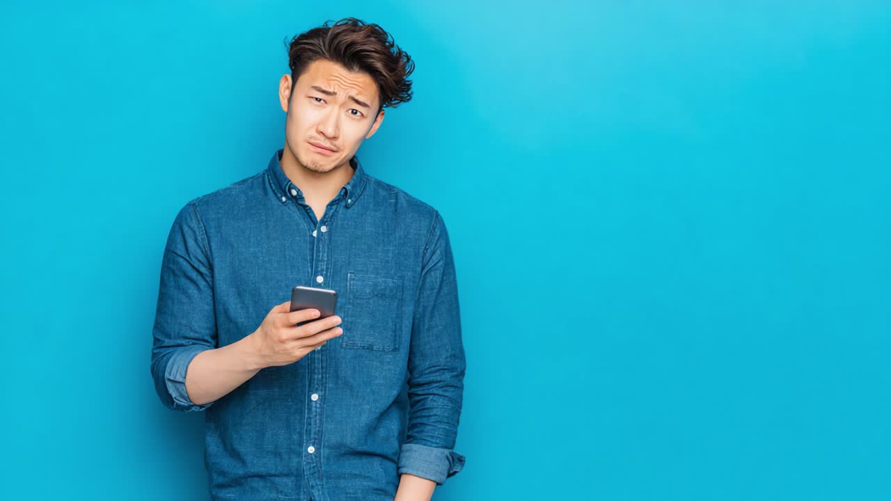 A Young Man Holding a Smartphone in Front of a Blue Background Displays a Look of Confusion or Realization in Two Frames Capturing His Changing Expressions