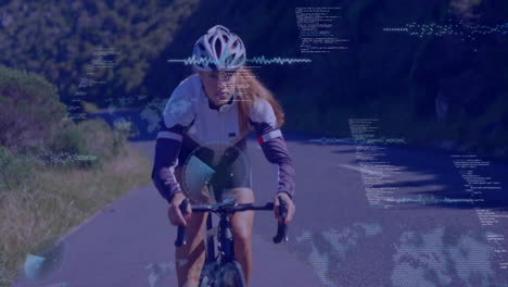 Cyclist-on-road-with-data-processing-animation-over-blue-background