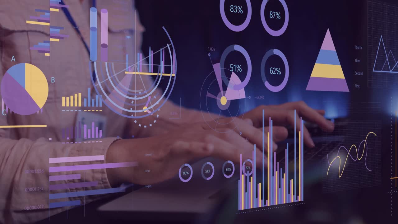 animación del procesamiento de datos financieros sobre una mujer de negocios que usa computadora