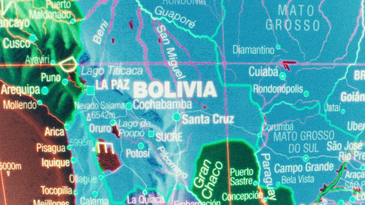 Close-up political and physical map of Bolivia and surrounding South American countries