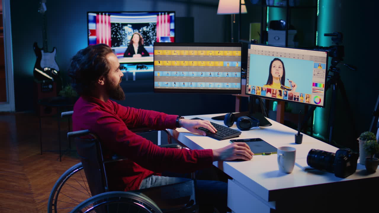 freelancer con discapacidad locomotora seleccionando las mejores imágenes para el contenido editorial