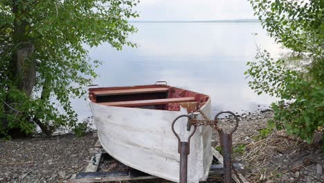 white boat on a lakeside shore