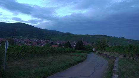 El-Anochecer-Se-Pone-Durante-La-Hora-Azul-En-Las-Afueras-Del-Pueblo-De-Riquewihr.