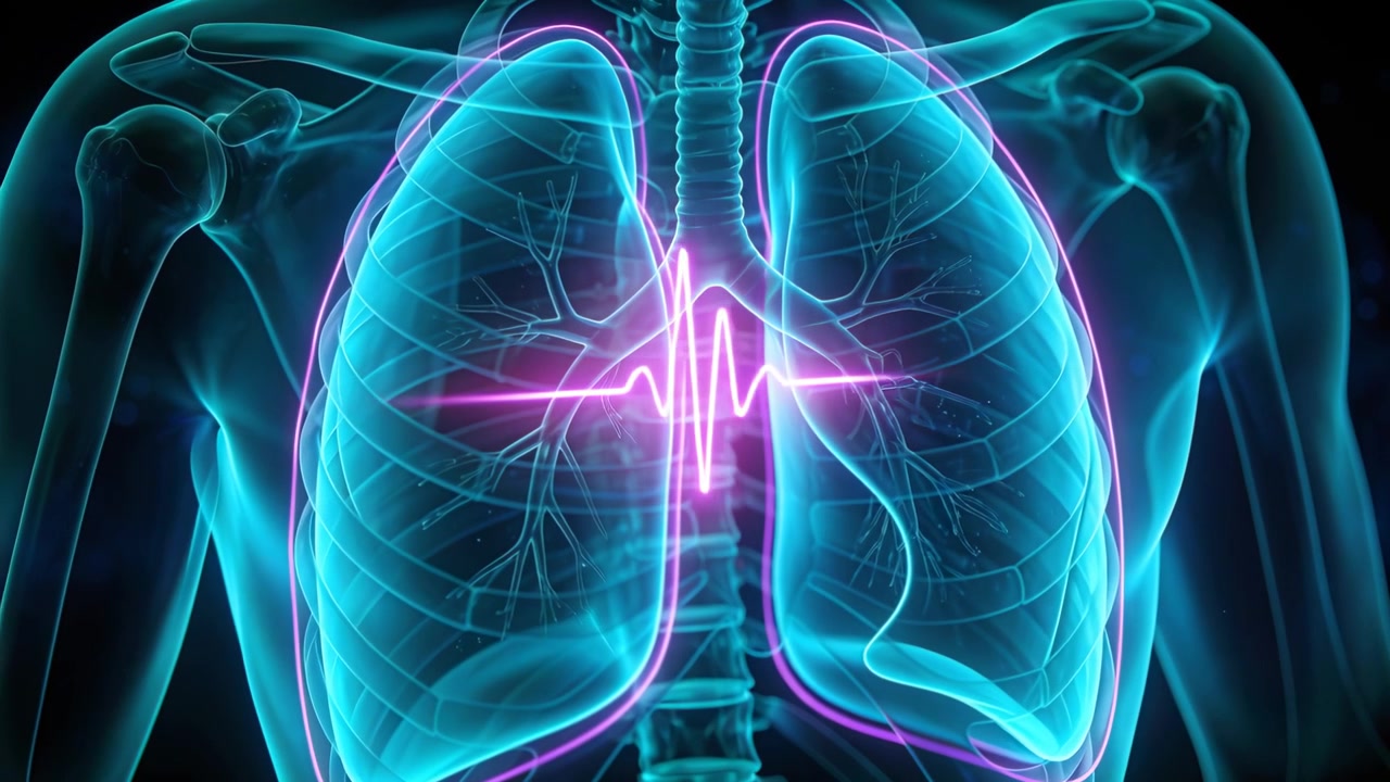 Animazione di un torace in 3D dopo che un ECG magenta appare al centro, mostrando il battito cardiaco e polmoni ciano.