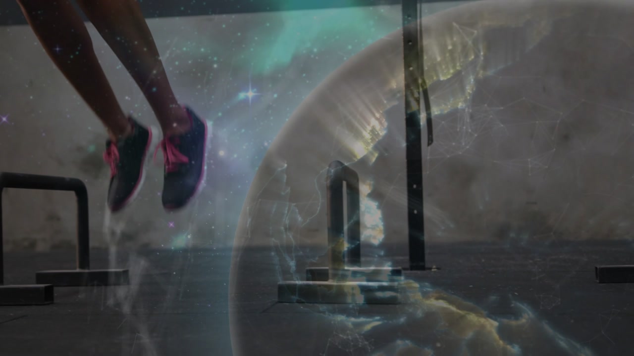 Woman starting feet by low handles, performing plyo jumps for fitness, space overlay tracing feet