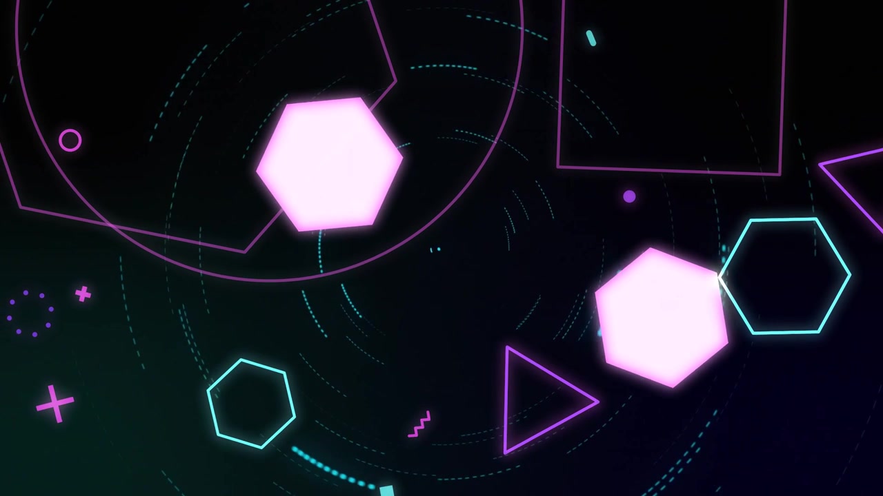 Red dotted arcs rotating, pink hexagon pulsing, drifting down-right, outlines orbiting for neon HUD