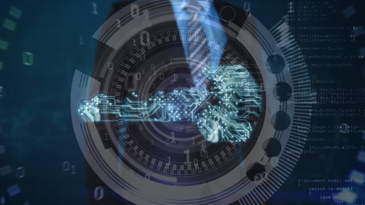 터치 스크린을 사용하는 백인 사업가의 손 위에 디지털 키와 바이너리 코드의 애니메이션