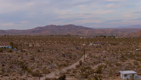 casas pequeñas y un camino de tierra en el árbol de joshua con una hermosa montaña en el horizonte