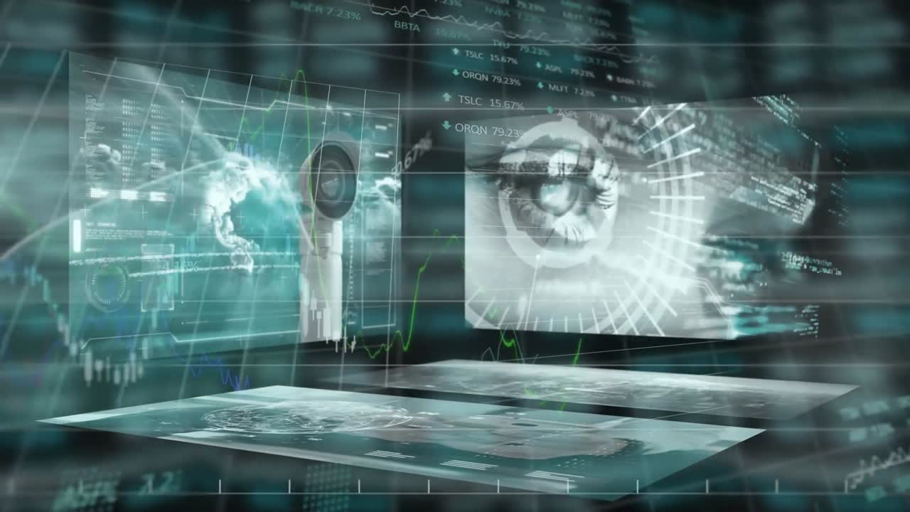 animazione di telecamere cctv e schermi digitali con numeri e grafici del mercato azionario