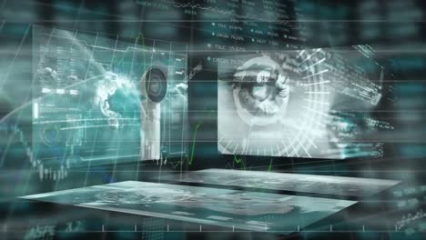 animación de cámaras de cctv y pantallas digitales con números y gráficos del mercado de valores
