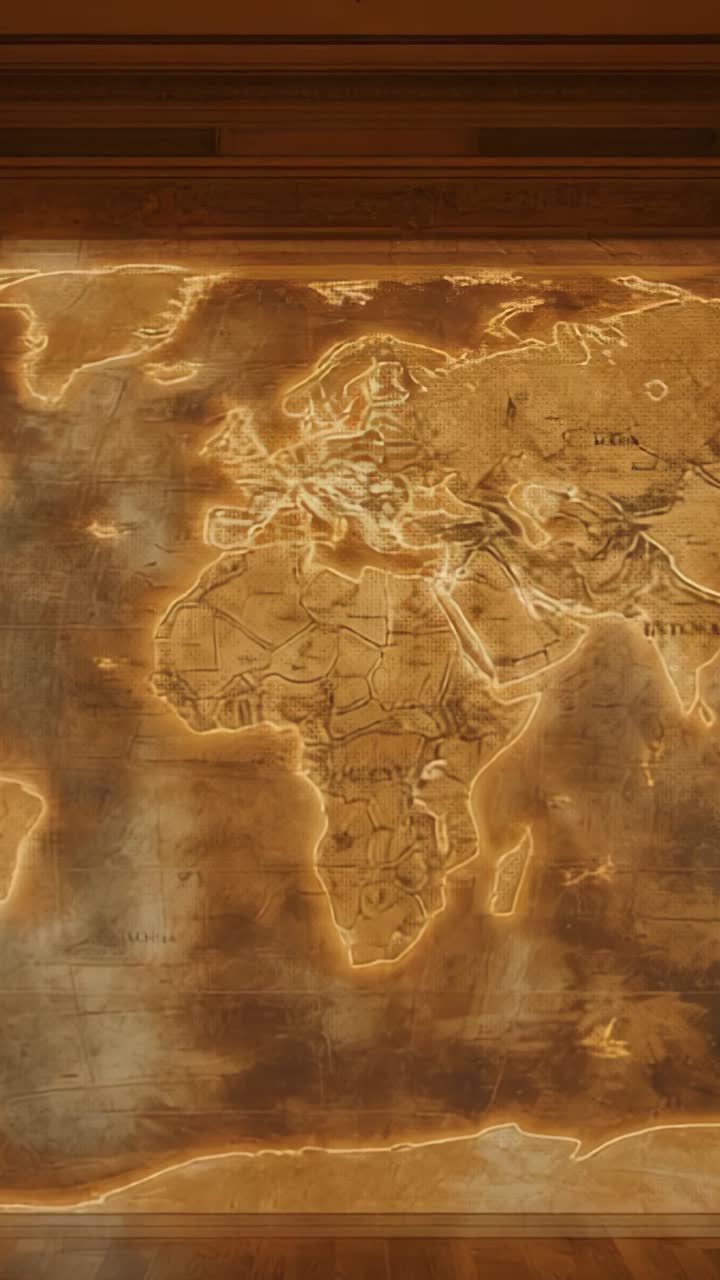 Vertical video: Projecting shining world map on parchment, light spark moving, bursting then fading
