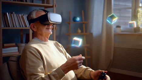 senior using vr headset at home
