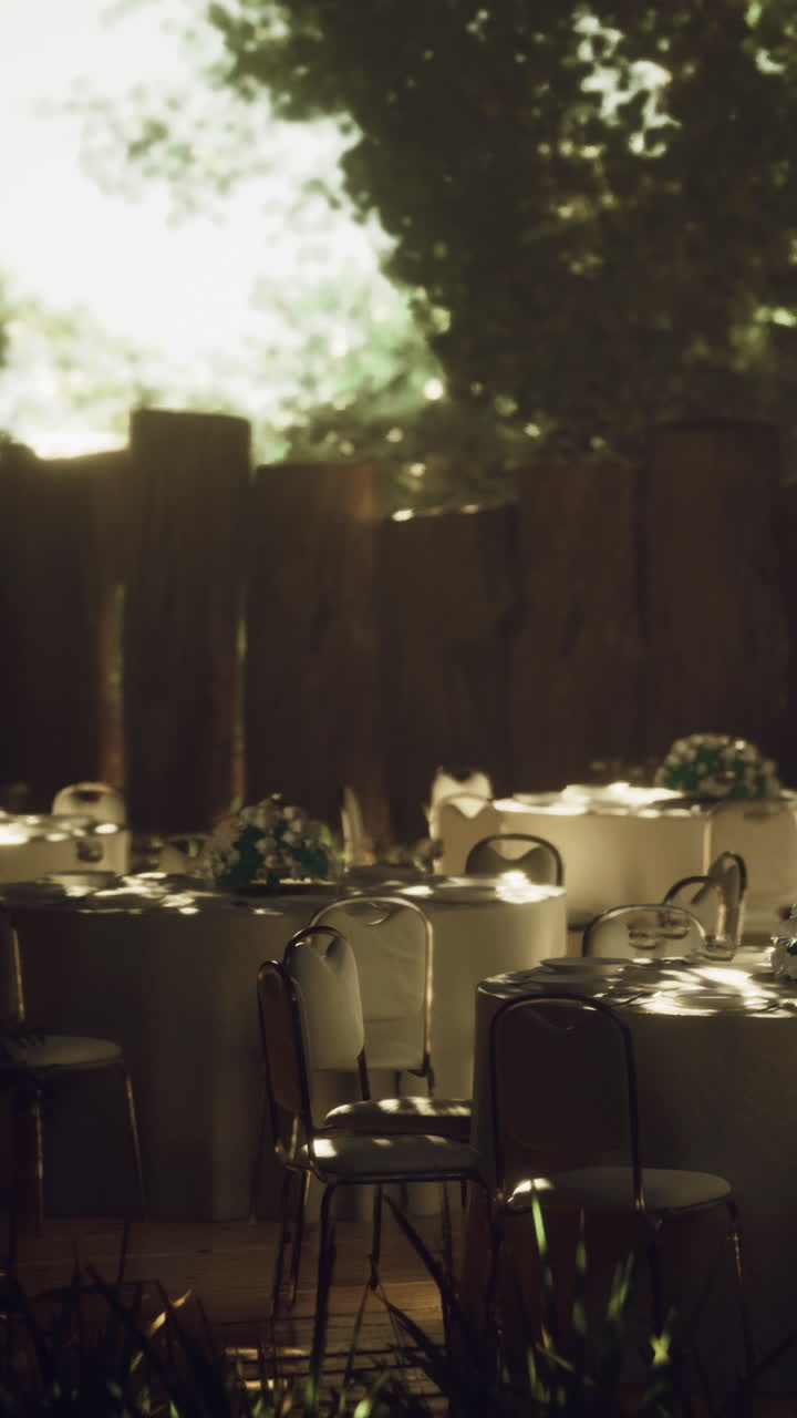 Tables set for gathering in outdoor setting with natural light