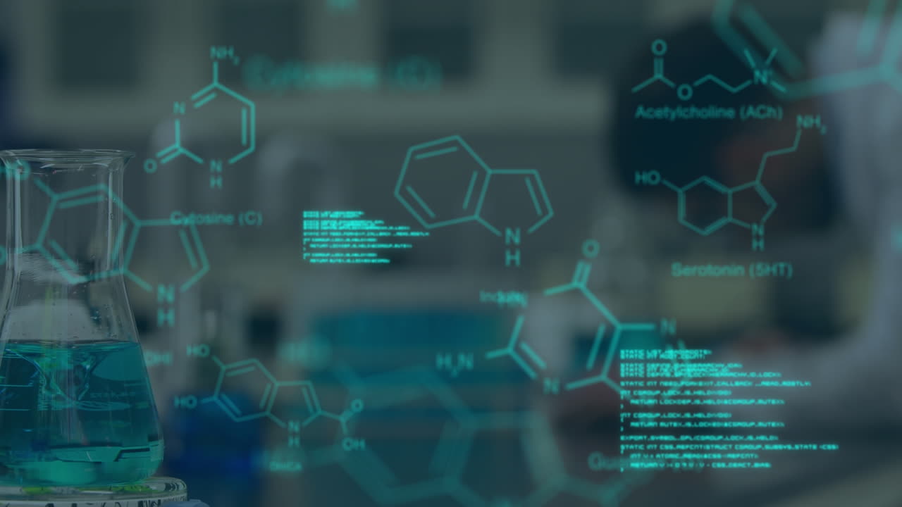 animación de moléculas y procesamiento de datos sobre científico biracial en el laboratorio